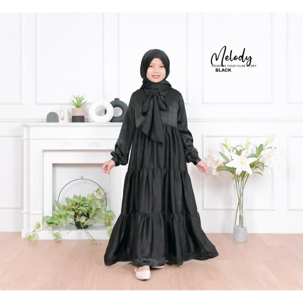 Melody Dress - Dress Korean Style - Santorini Silk Gamis Anak 10-13 Tahun Aksen Rempel Saku Pinggir Pergelangan Karet