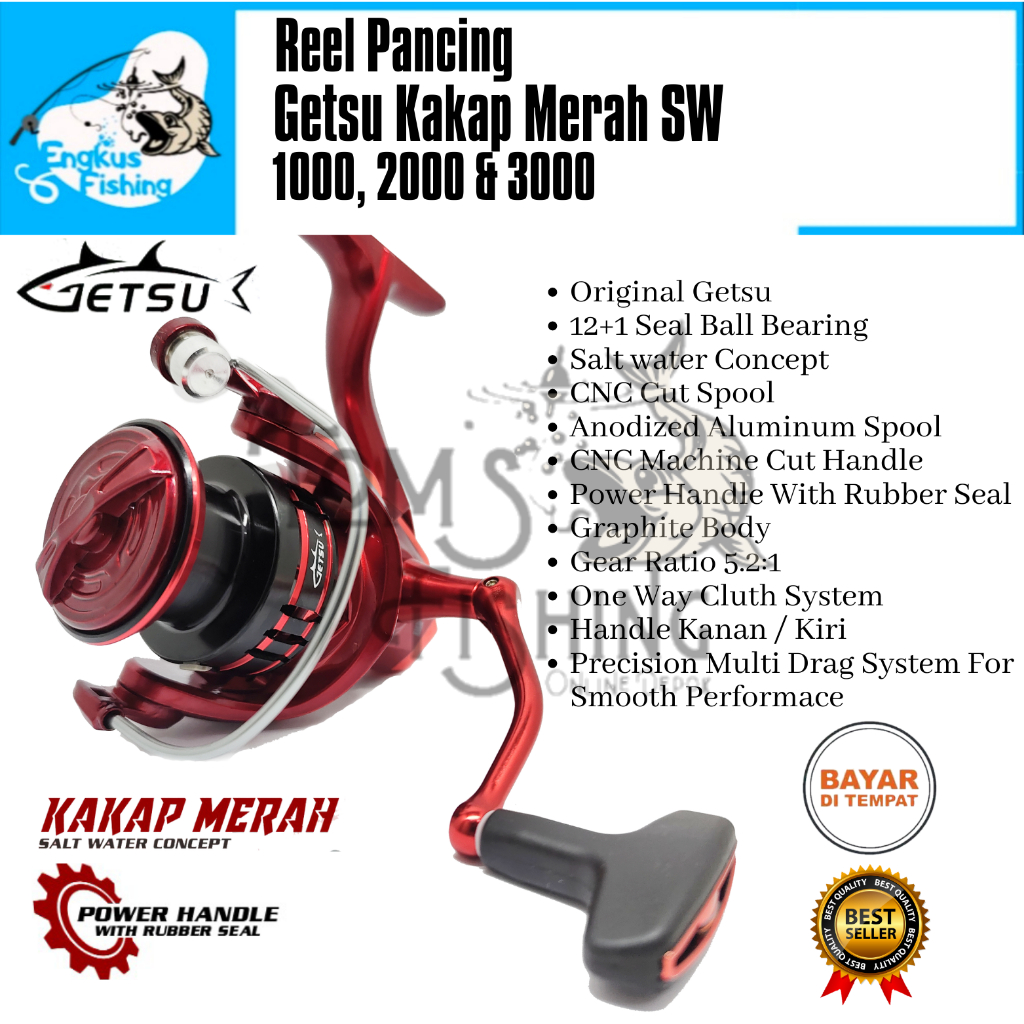 Reel Pancing Getsu Kakap Merah 1000 - 3000 (12+1 Bearing) Seal bearing Power Handle - Engkus Fishing