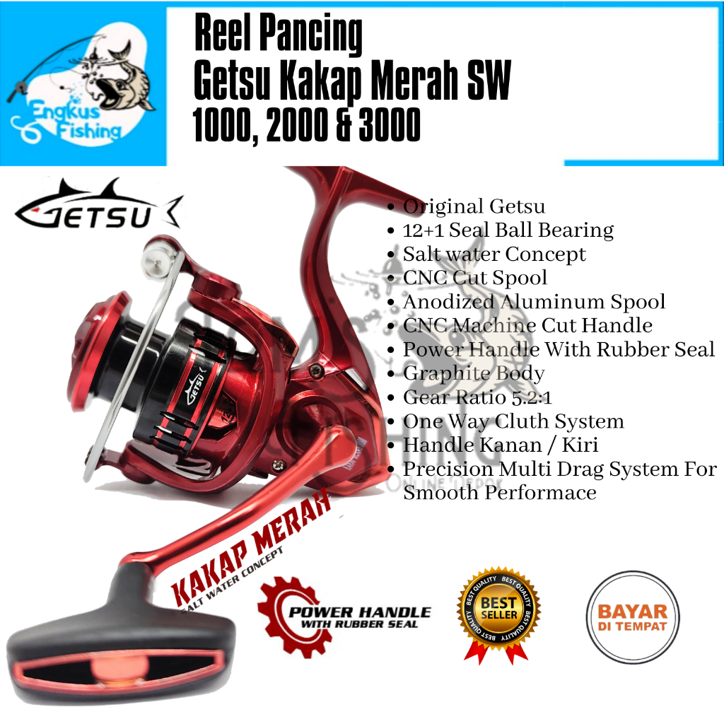 Reel Pancing Getsu Kakap Merah 1000 - 3000 (12+1 Bearing) Seal bearing Power Handle - Engkus Fishing