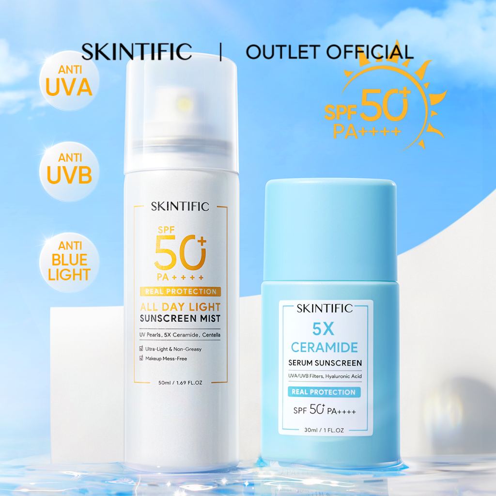 【Skintific Outlet Official】SKINTIFIC All Day Sunscreen Protection set SPF50 PA++++ 5X Ceramide Serum Sunscreen 30ml + All Day Light Sunscreen Mist 50ml Sunscreen Spray UV Shield Skincare Sunblock Face Sunscreen tabir surya wajah