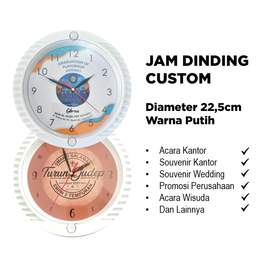 Jam Dinding Custom Acara Kantor Souvenir Merchandise Warna Putih Bentuk Bulat dan Kotak