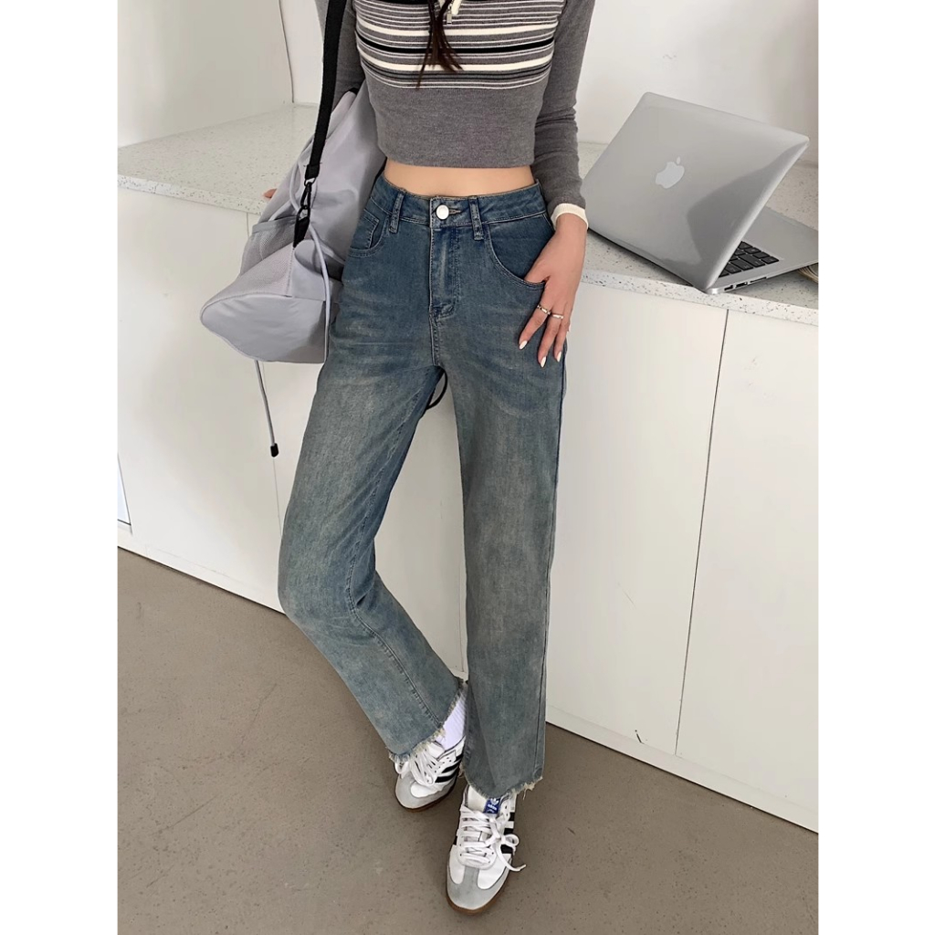 High Waist Jeans Dress Korean Style Raw Loose Celana Jeans Wanita