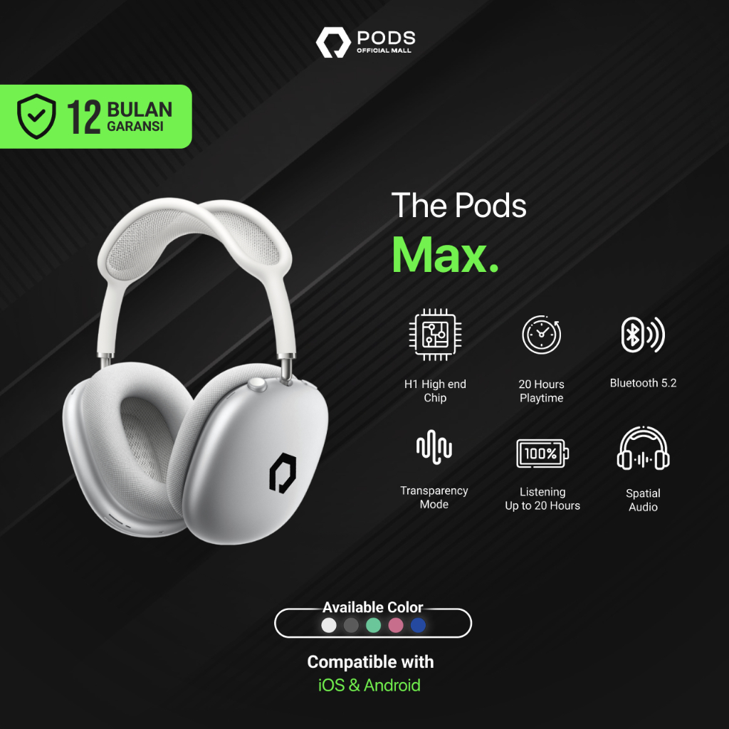 The Pods Max 2023 Wireless Bluetooth Headpones for IOS &amp; Android by Pods Indonesia