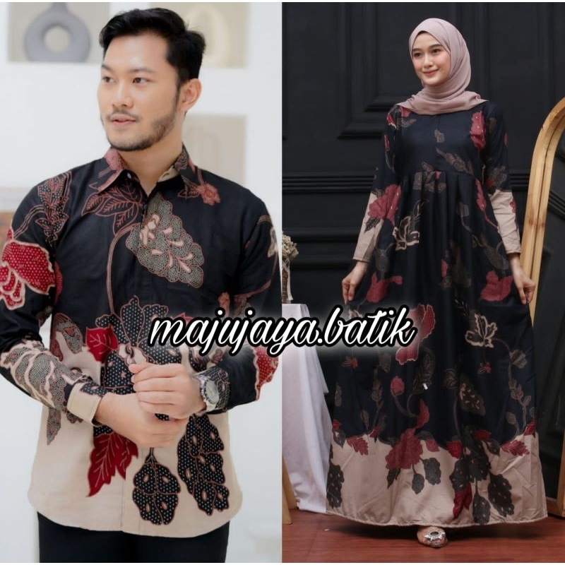 Batik Couple - Baju Batik Couple Kemeja Panjang Gamis Maxi Tali Samping Motif Mawar Hitam