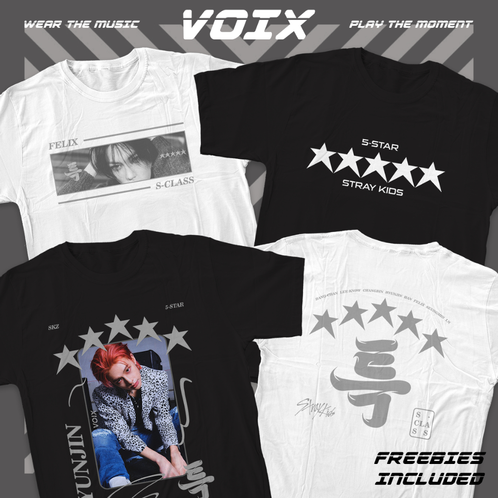 Kaos Kpop Stray Kids "5-STAR ; S-Class" Tee - Bang Chan, Lee Know, Changbin, Hyunjin, Han, Felix, Se