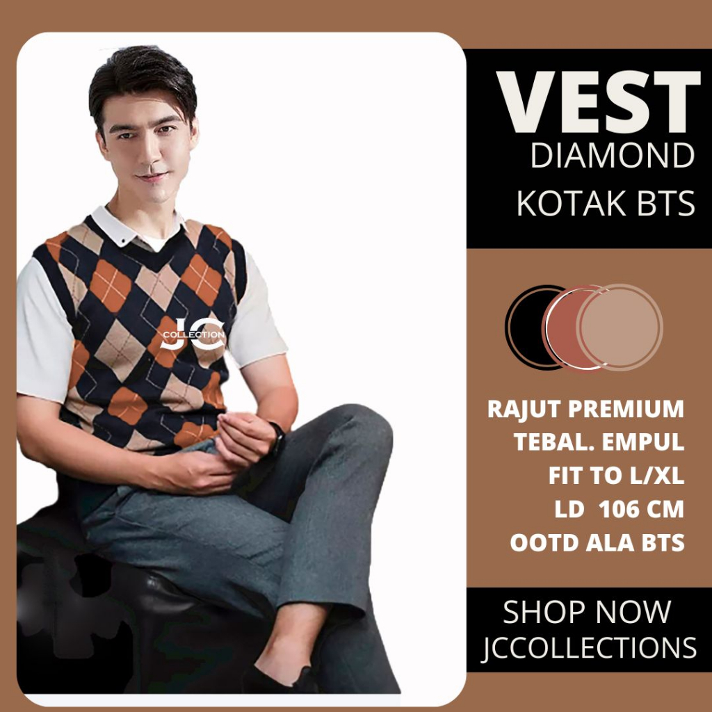 Vest Rajut Premium Sido Import / Knit Vest Vneck Rompi Rajut Diamond Taehyung Mocca / Rompi Kotak Rajut JCCollections