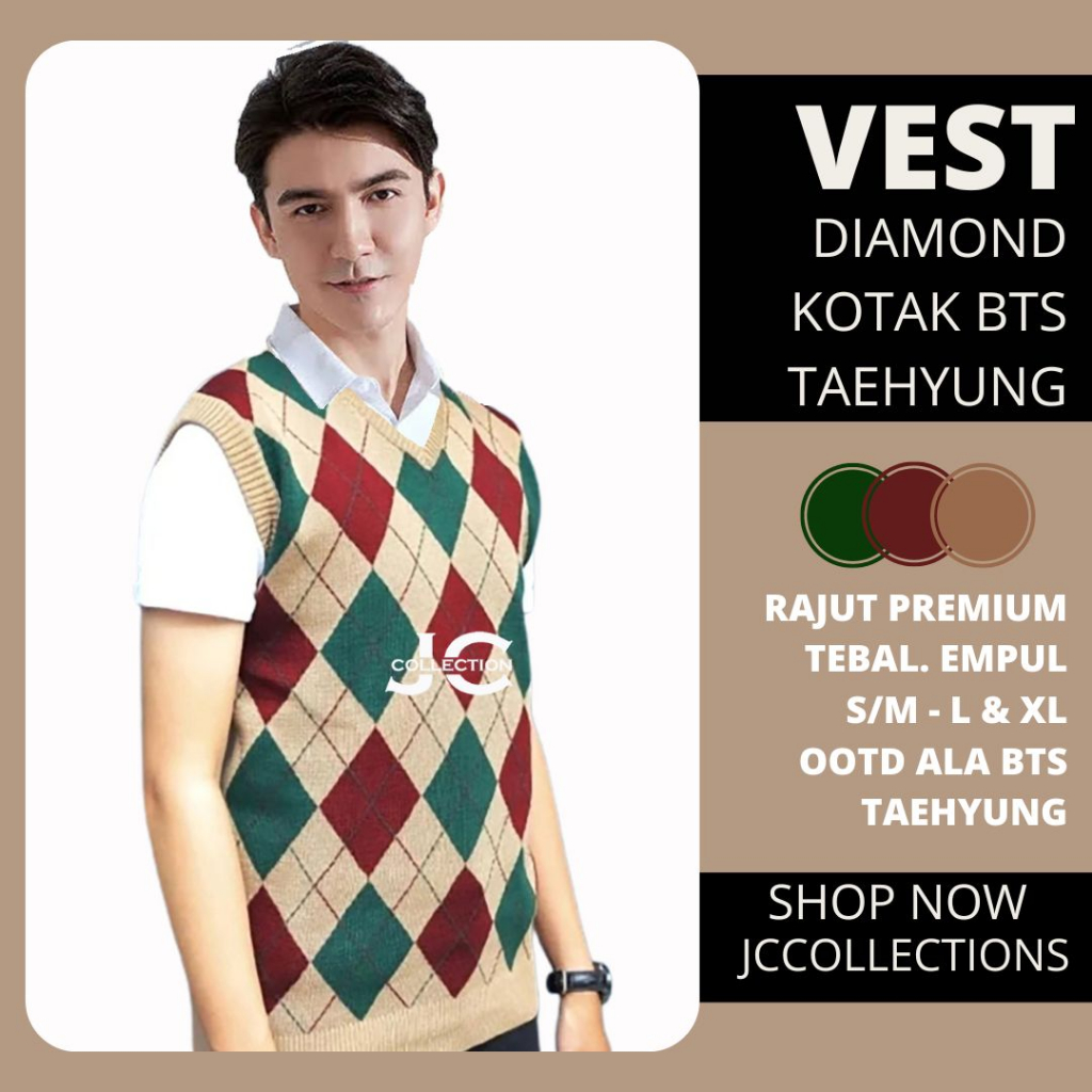 Vest Rajut Premium Sido Import / Knit Vest Vneck Rompi Rajut Diamond Taehyung Mocca / Rompi Kotak Rajut JCCollections