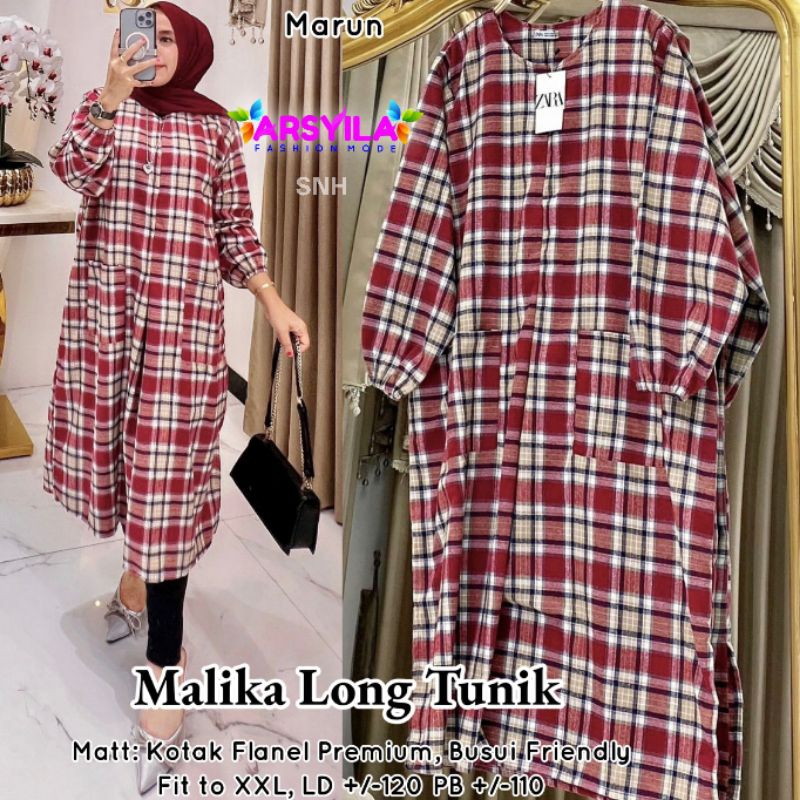 Malika - Long Tunik Flanel - Resleting Depan - Jumbo Size - Motif Kotak - LD 120cm - Baju Terbaru