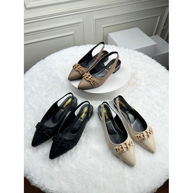 sepatu flat shoes wanita kekinian terbaru Louisdear B153 heel 2 cm bahan kulit dove tali belakang