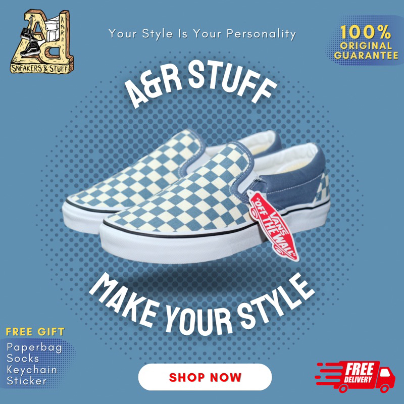 VANS SLIP ON CLASSIC CHECKERBOARD BLUE MIRAGE ORIGINAL 100% BNIB