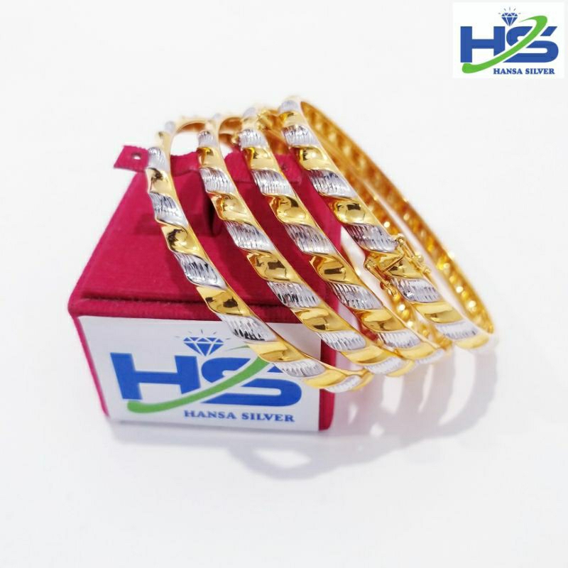 Gelang Perak Asli Silver 925 Lapis Emas Kuning Model Bangle Kombinasi Putih