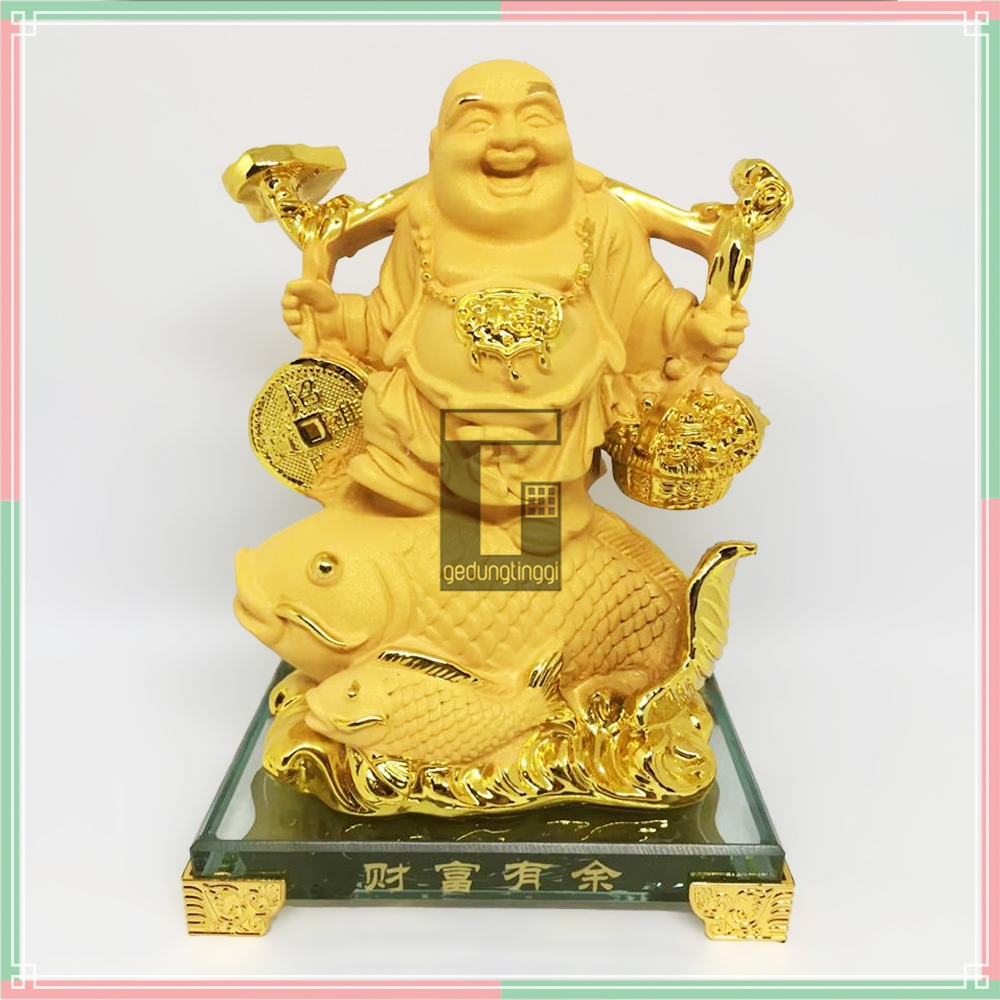 Patung Pajangan Hiasan Miniatur Dewa Budha Buddha Julaihut Julaihud Maitreya Matreiya Matreya Milefo Tertawa Ikan Koi Mas Koki Fengshui Feng Shui Hok Rejeki Yenpao Yuanbao Kantong Duit Coin Koin Uang Emas Gold Kuno Cina Hio Meja Altar Sembahyang Sembayang