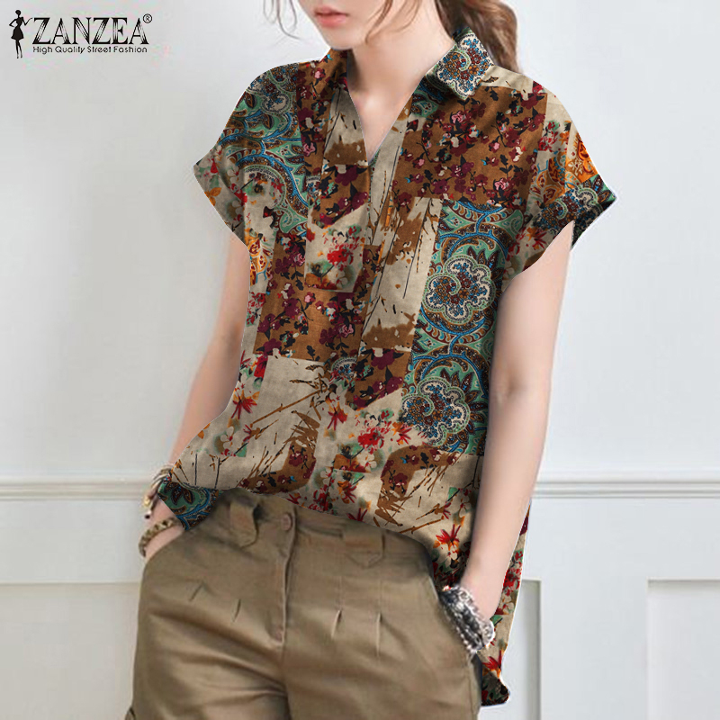 ZANZEA Women Short Sleeve Vintage Printing Turn-Down-Collar Blouse