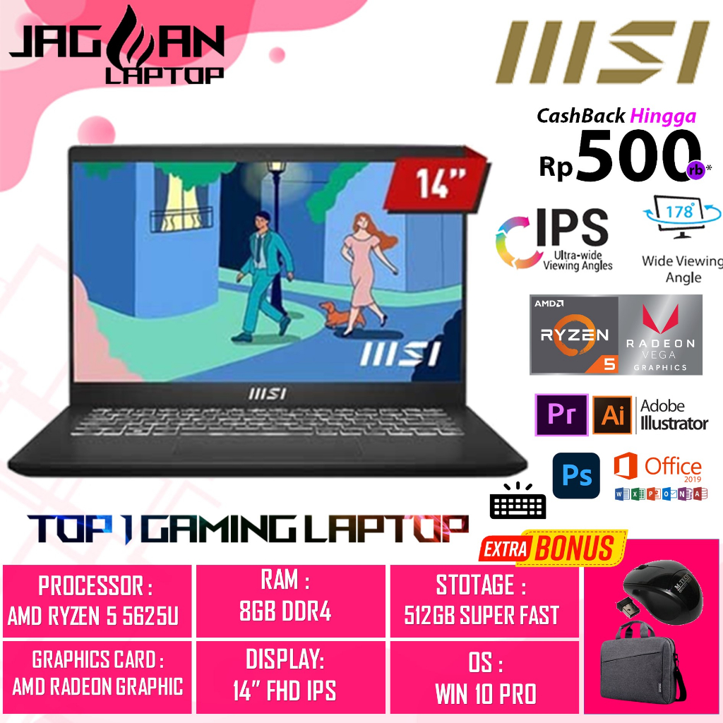 LAPTOP MSI MODERN 14 AMD RYZEN 5 5625U 8GB 512GB 14&quot; FHD IPS BL WIN11HOME CLASSIC BLACK