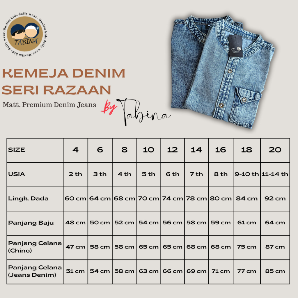 Atasan Kemeja Jeans Denim Premium untuk Anak dan Remaja Tabina Seri Razaan usia 2 tahun hingga 14 tahun