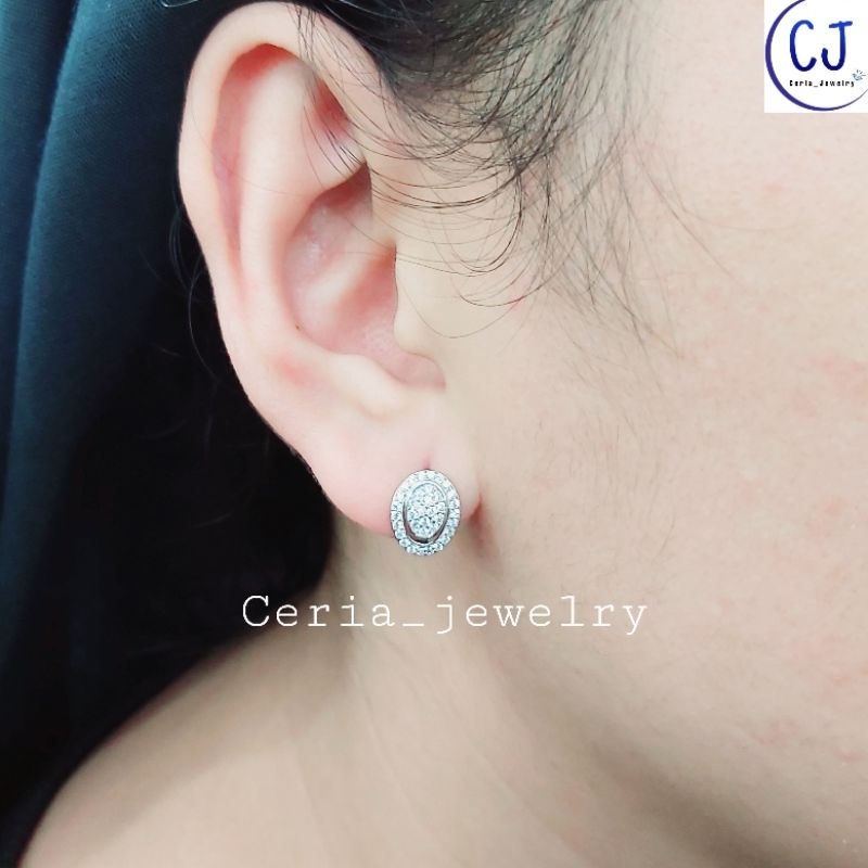 Anting Perak Asli Silver Wanita 925 Lapis Emas Putih Model Jepit Oval - Anting Wanita Anti Karat