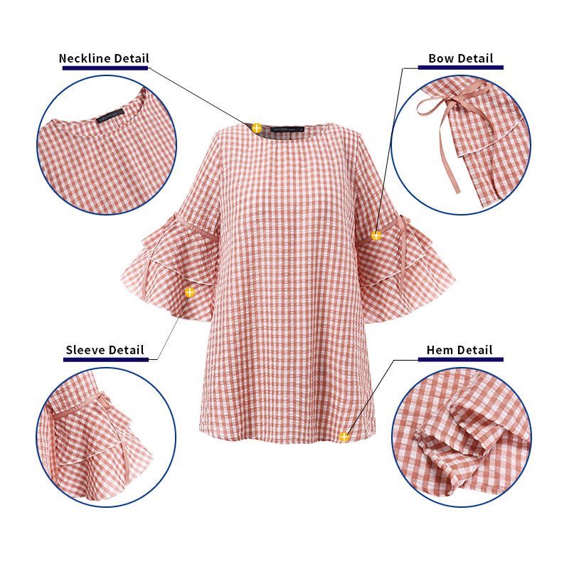 ZANZEA Women Korean Ruffled Hem Sleeved Casual Loose Grid Printed Blouse