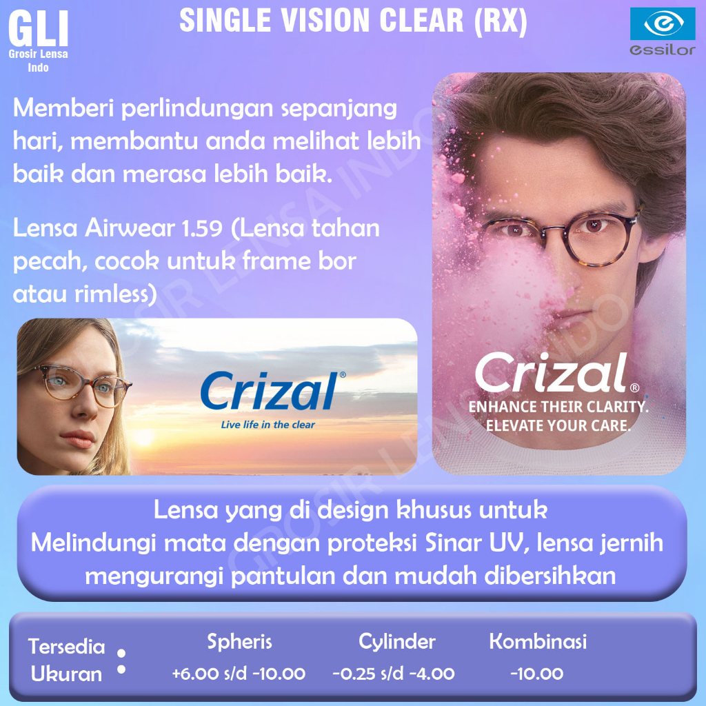 Lensa kacamata Essilor Rx AIRWARE 1.59  SPHERIS CRIZAL EASY UV/SAPPHIREUV/DRIVE/OPTIFOG/PREVENCIA