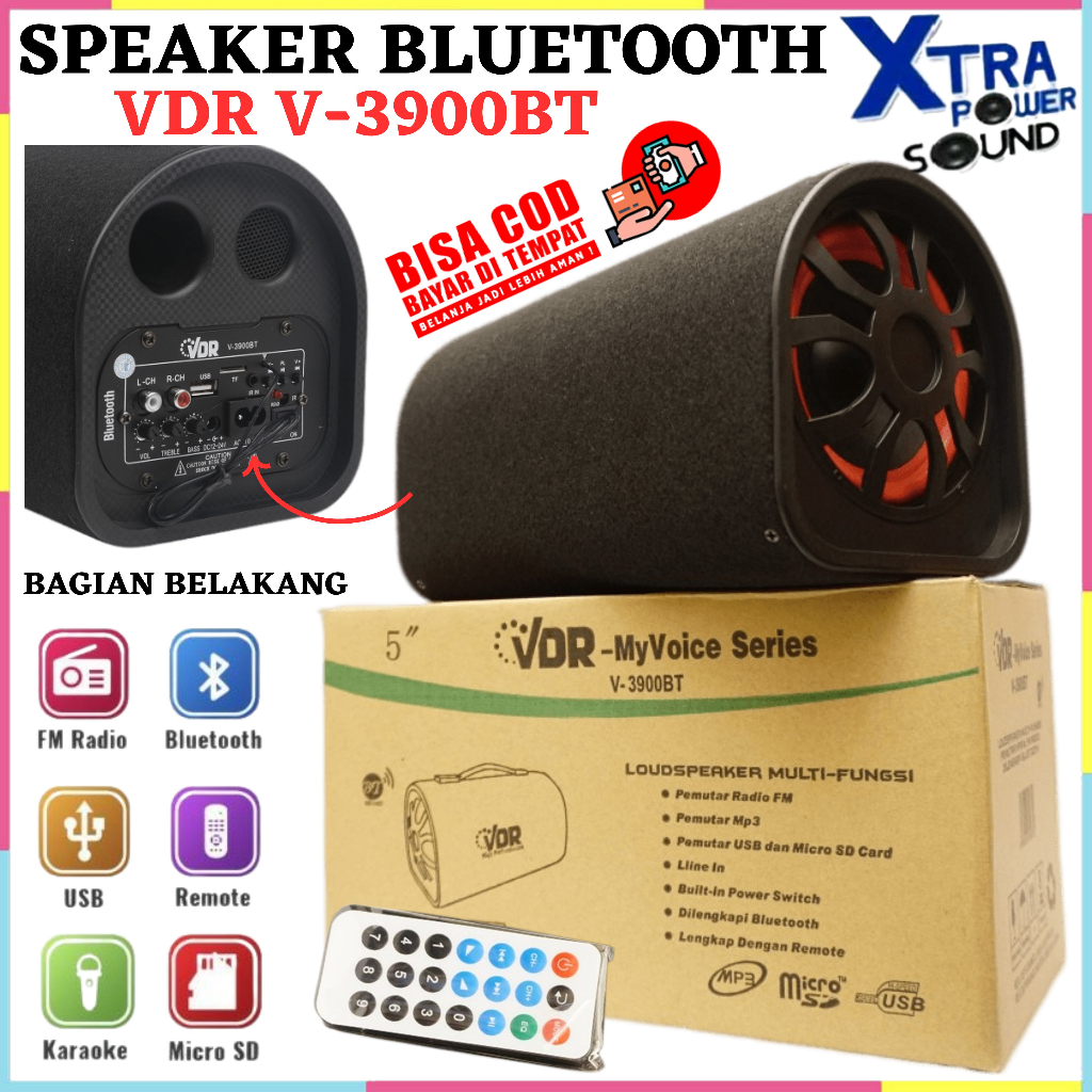 Speaker VDR Bluetooth type V3900BT 5 inch Super Mega Bass Full Control + Remote FM Radio MP3 USB // 