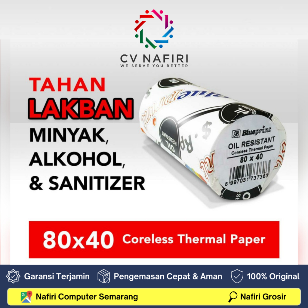 

KERTAS STRUK TAHAN LAKBAN BLUEPRINT 80X40 MM OIL RESISTANT CORELESS THERMAL PAPER