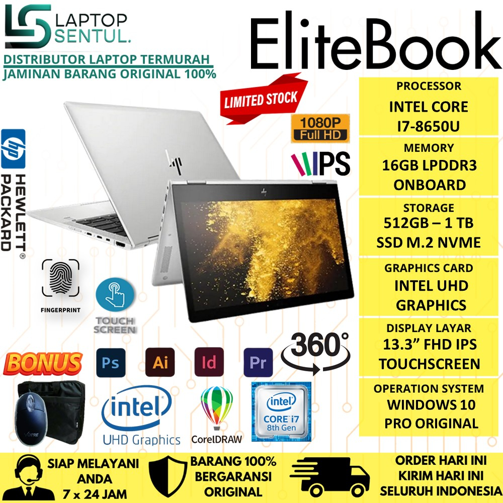 Laptop Touchscreen Murah HP Elitebook X360 2in1 1030 G4 Intel i7 8650U RAM 16GB SSD 512GB FHD IPS Touch Win10 Pro Terlaris