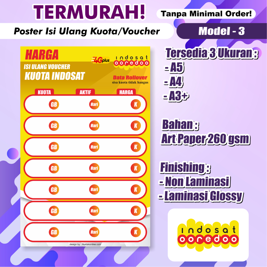 

Poster Konter Daftar Harga Paket Data / Voucher /poster paket data konter / Daftar Harga Voucher Murah [INDOSAT AM-03]