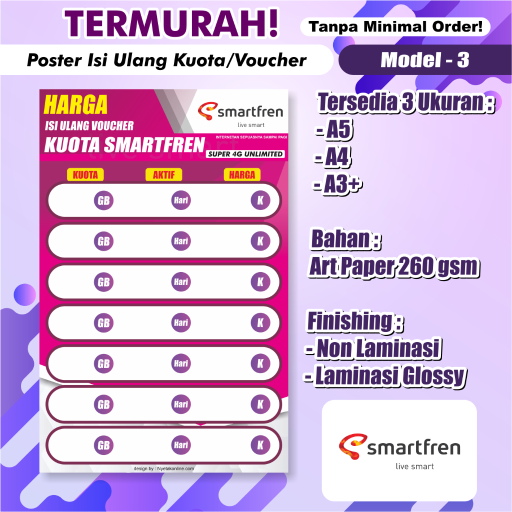 

Poster Konter Daftar Harga Paket Data / Voucher /poster paket data konter / Daftar Harga Voucher Murah [SMARTFRIEND AM-3]