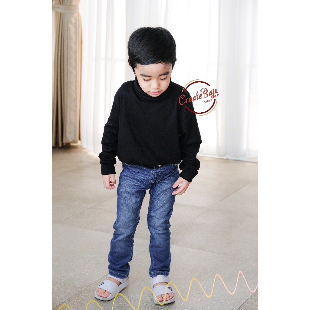 KAOS ATASAN TURTLE NECK ANAK WARNA HITAM UNISEX LENGAN PANJANG 1-5 TAHUN