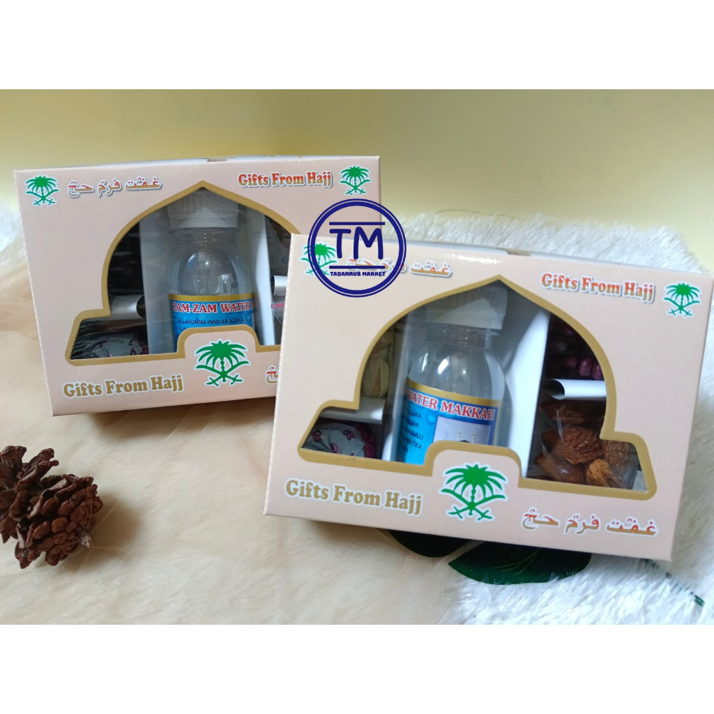 PAKET SOUVENIR OLEH-OLEH HAJI &amp; UMROH Kemasan Kardus Isi Air Zam-zam 80 ml Kurma Kismis Cokelat Turkey Tasbih 33 Pistachio Almond