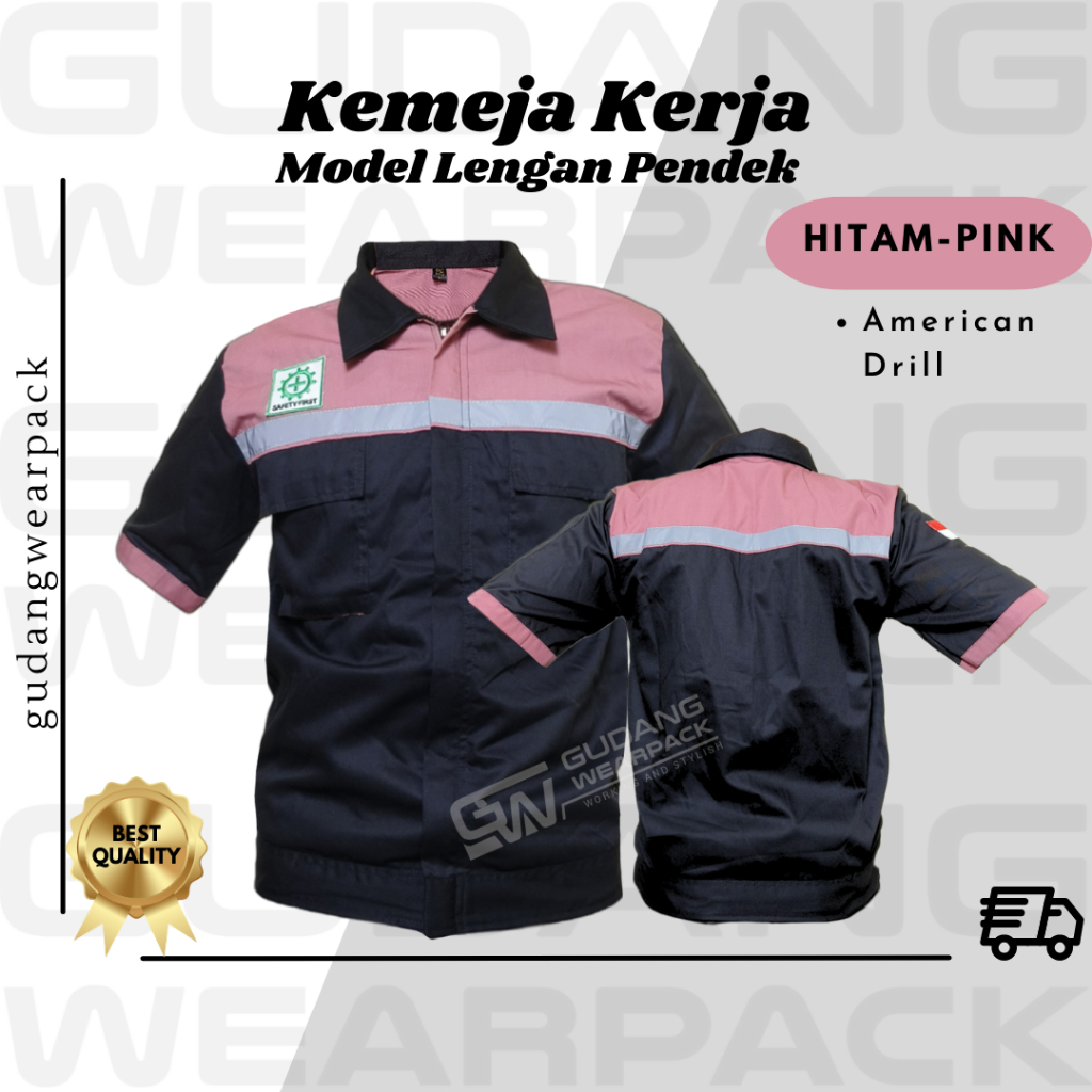 Gudang Wearpack - Kemeja Kerja Seragam Proyek Lengan Pendek Warna Hitam Pink