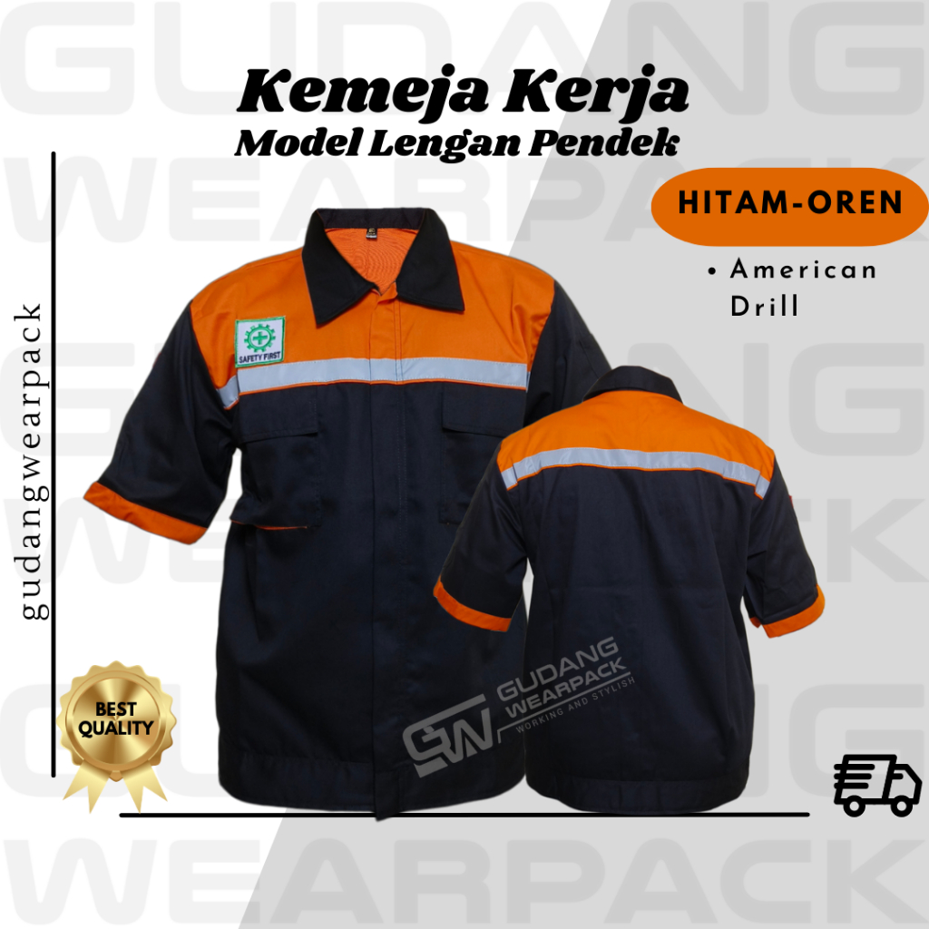 Gudang Wearpack - Kemeja Kerja Seragam Proyek Lengan Pendek Warna Hitam Oren