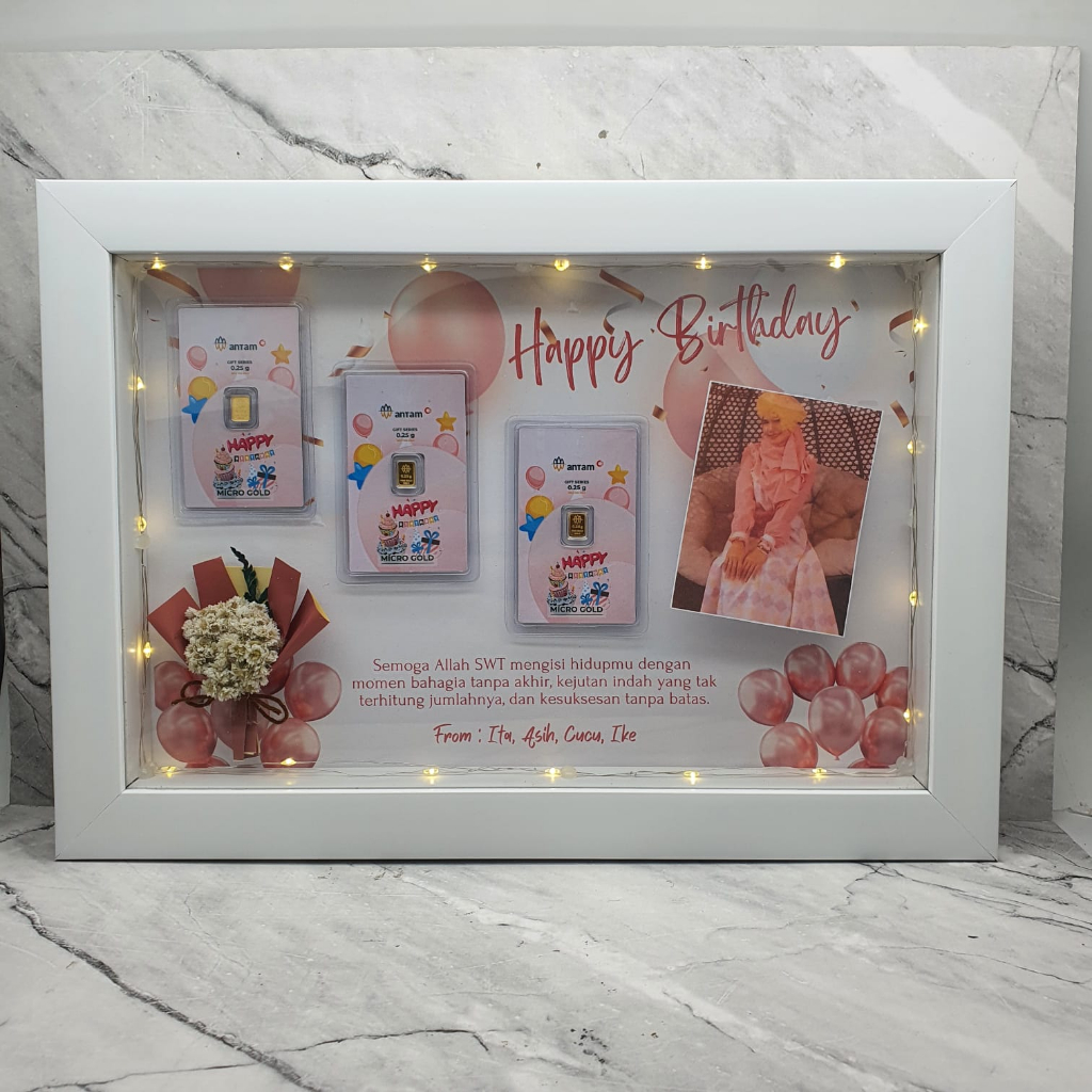 (UKURAN L 30x20) HAMPERS Gift CUSTOM Bingkai FRAME Mahar 3D Minigold  (TIDAK TERMASUK EMAS) / Hadiah / Kado Mahar variasi Minigold / Design Frame Birthday Wedding Newborn Baby Graduation