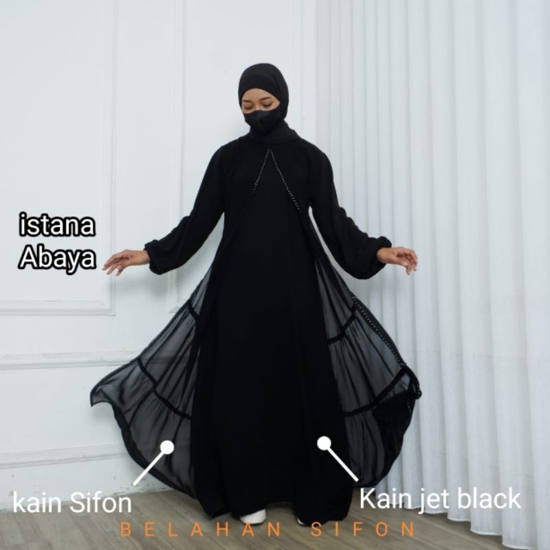 abaya Saudi cantik kain jetblack kombinasi longardi sifon belahan depan dg tgn karet mewah dan mata2 blink elegan bgt(real pic 100%)