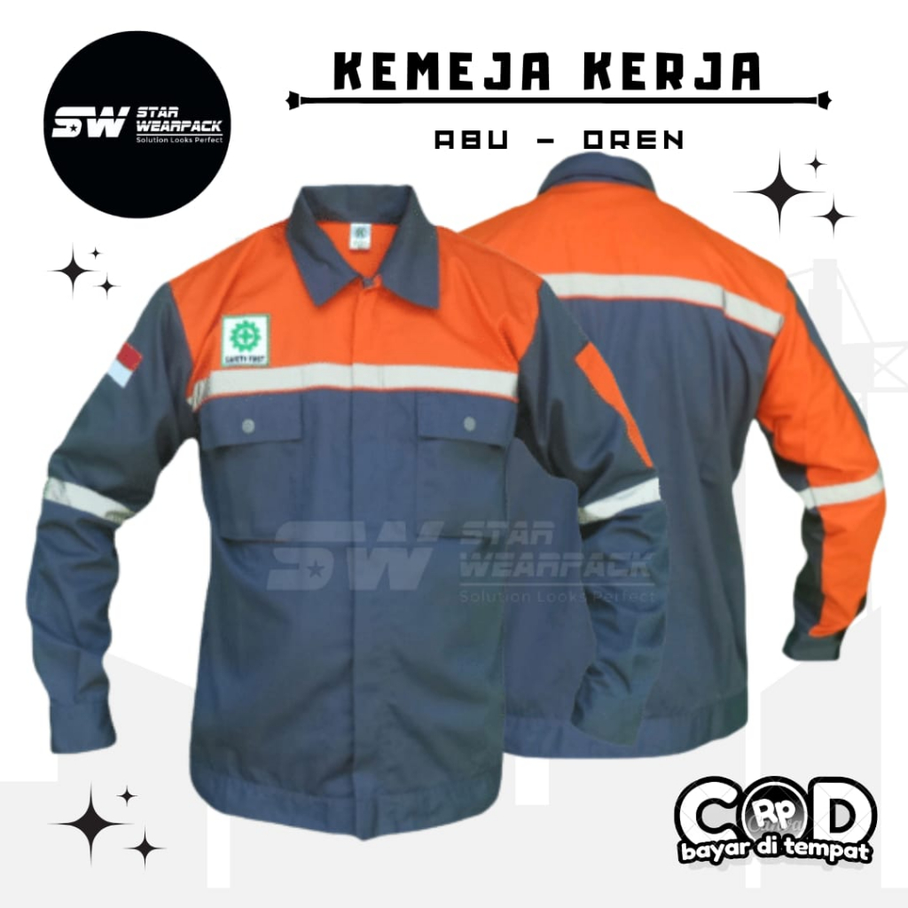 Star Wearpack - Baju Proyek Lengan Panjang Warna Abu Kombinasi Oren