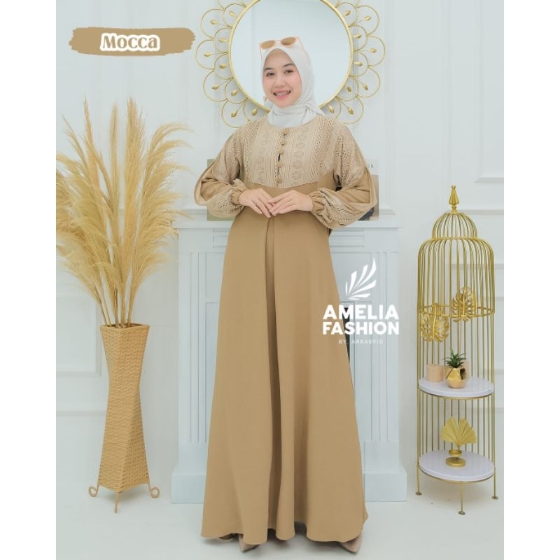 KANAYA DRESS ORI AMELIA FASHION DRESS CRINGKLE KOMBINASI BRUKAT MALIKA TERBARU