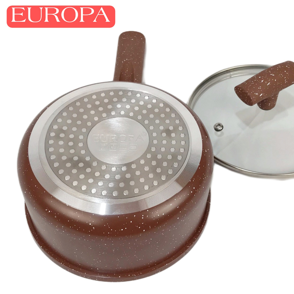 EUROPA Cookware Sauce PanYSP-18 Cm Red Dot Panci Susu Anti Lengket Tutup Kaca Coating Marble Bisa Kompor Induksi Ukuran / Panci Mie Tidak Lengket / Sauce Pan Ceramic Induksi