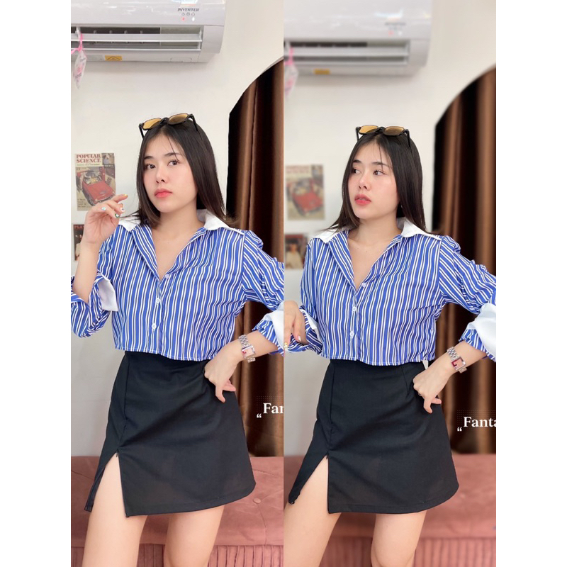 KEMEJA FANTASY LIST SALUR FASHION WANITA IMPORT BANGKOK F 34