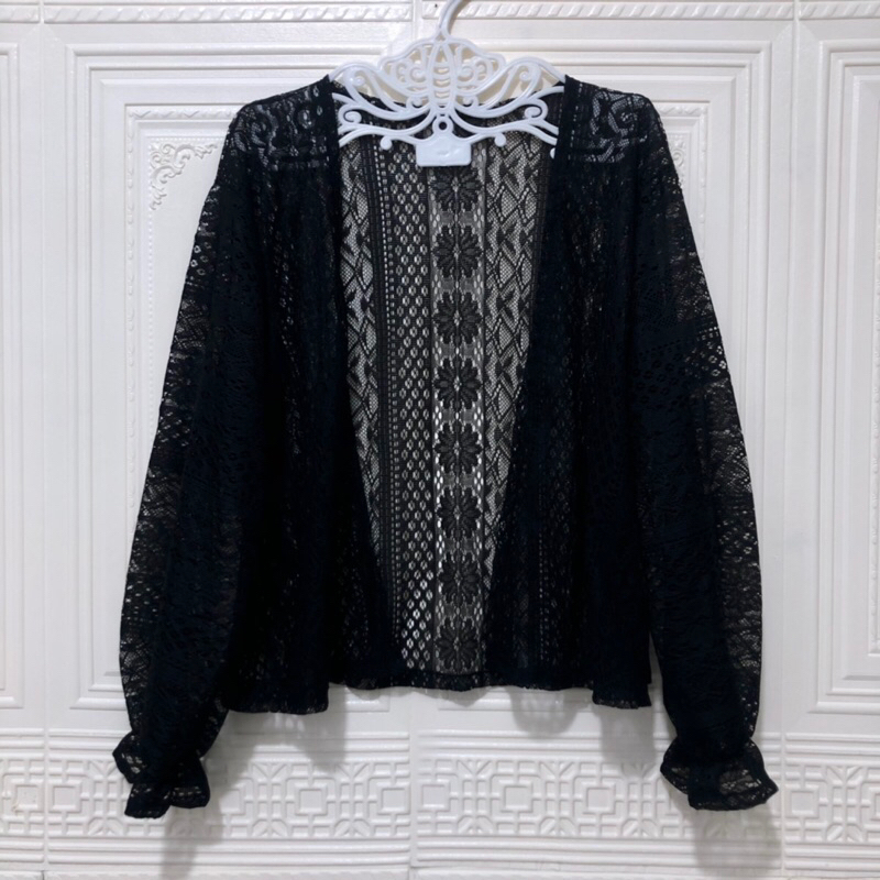 Lace outer brukat lengan kerut / cardigan crop wanita termurah