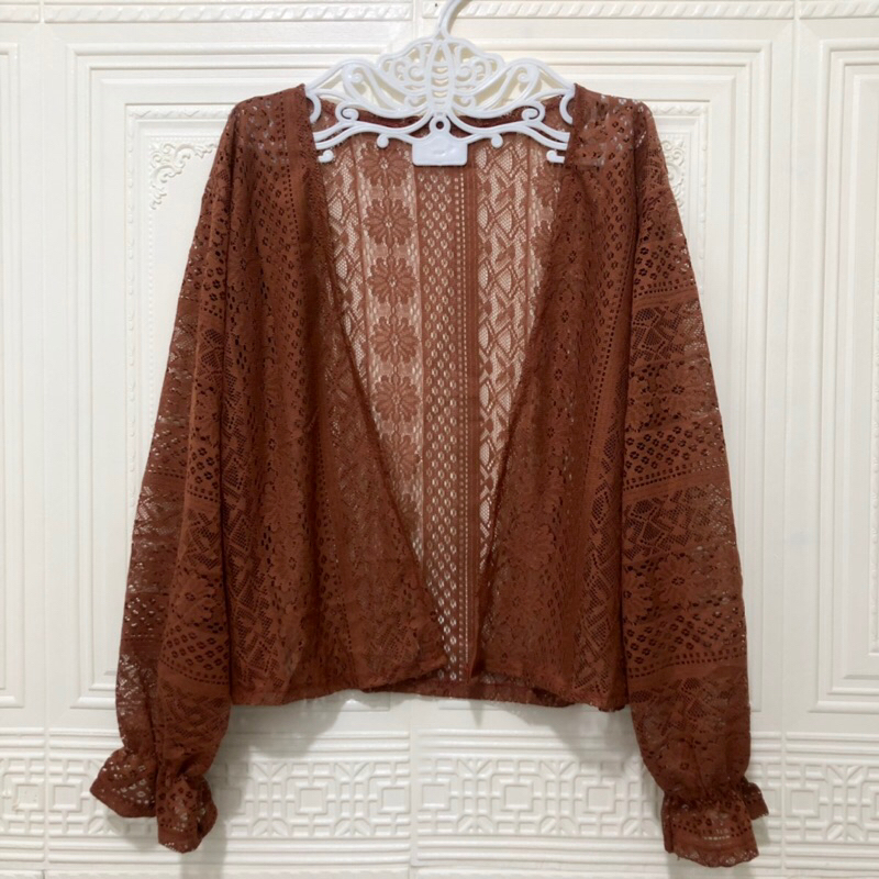 Lace outer brukat lengan kerut / cardigan crop wanita termurah