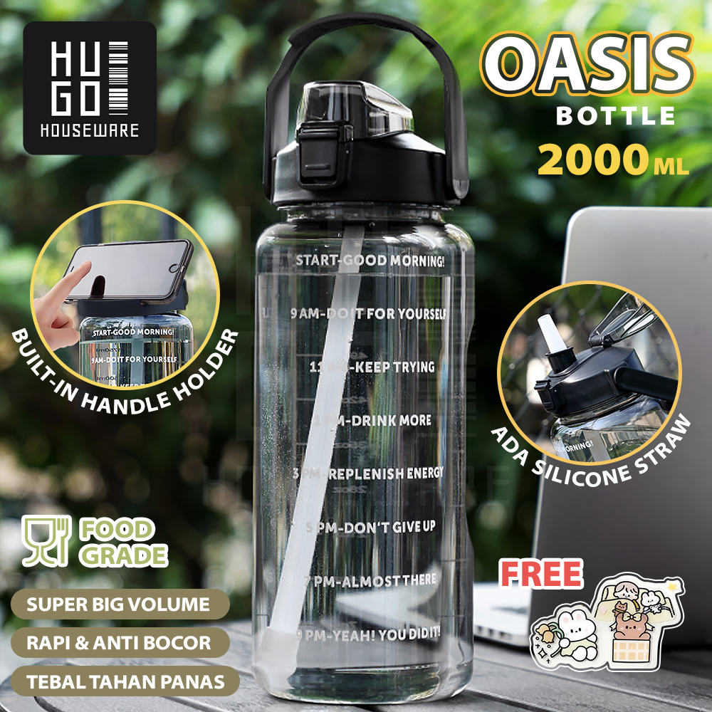 HUGO Botol Minum 2 Liter Jumbo Besar Anti Bocor Botol Air Motivasi BPA FREE Gratis Stiker