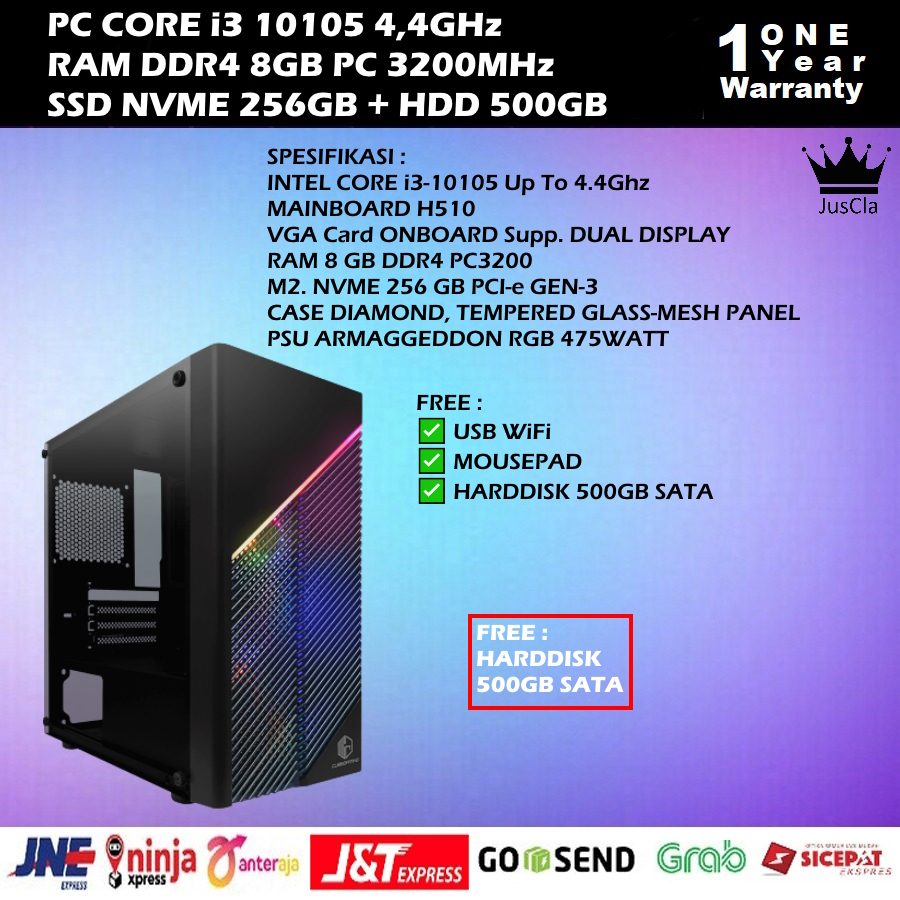 Komputer GAMING INTEL CORE i3-10105 3,7GHz 4Cores|RAM DDR4 16GB|M2. NVME 512GB|VGA RADEON RX6600 8GB|USB WiFi, Garansi 1 Tahun