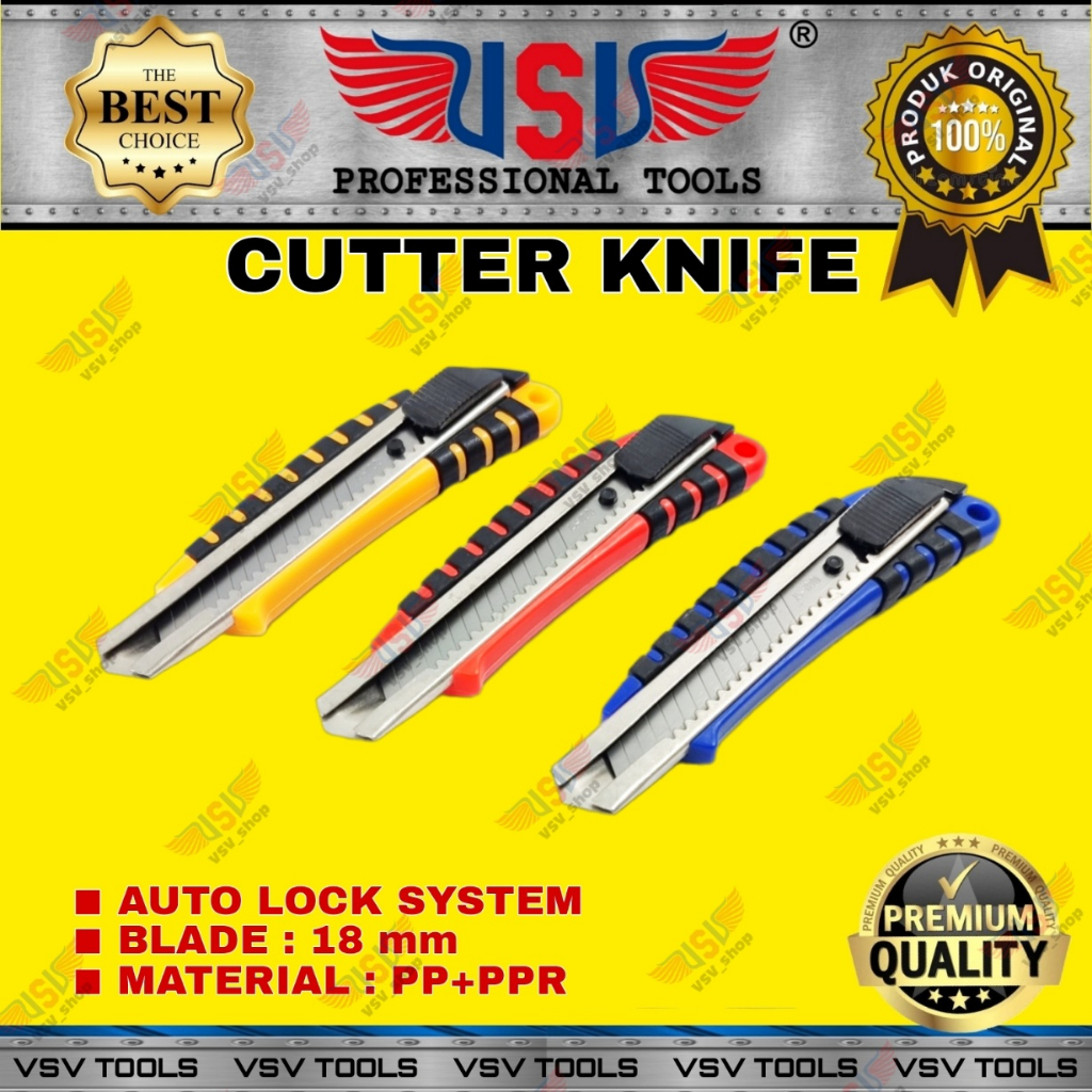 Cutter Besar Pisau Cutter 18mm Bahan PP Cutter Knife Auto-Lock VSV HS-07