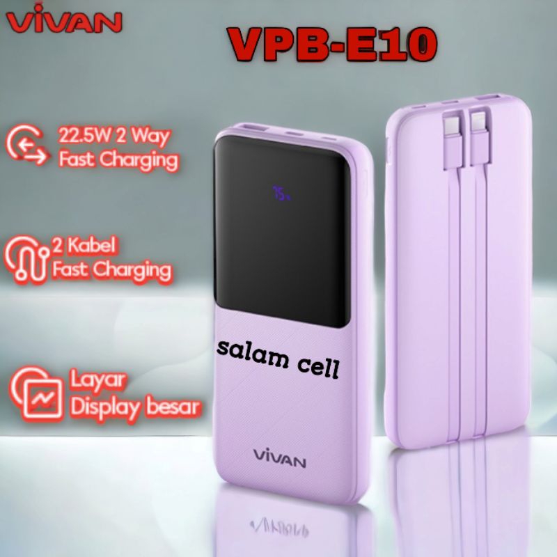 Powerbank VIVAN VPB-E10 10000mAh Fast Charger 2kabel Lightning &amp; Type-C Original