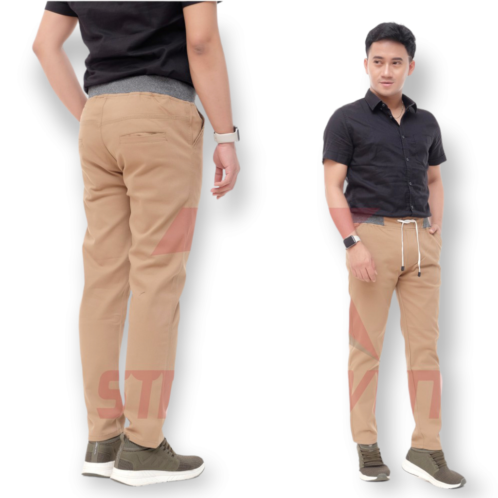 Celana Chino Panjang Pria Jumbo Cinos Bahan Melar Elastis Chinos Laki Slimfit Pinggang Karet Kolor