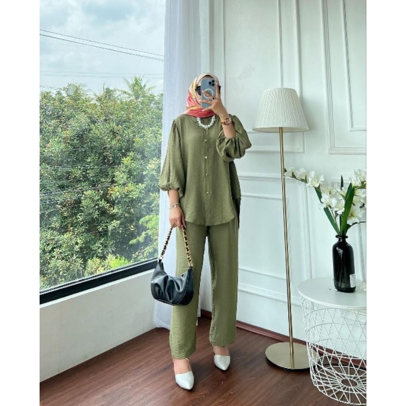 Alena set / pakaian wanita /setelan wanita kekinian / atasan dan celana polo linen / lengan balon / 