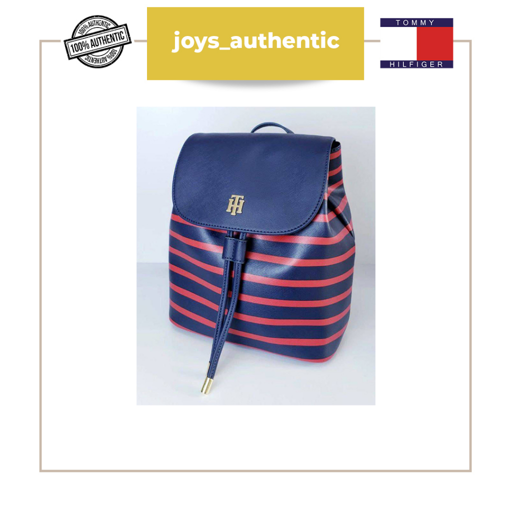 Tas Wanita Tommy Hilfiger Backpack Stripe Biru Navy/Merah Red Woman Bag Authentic Original