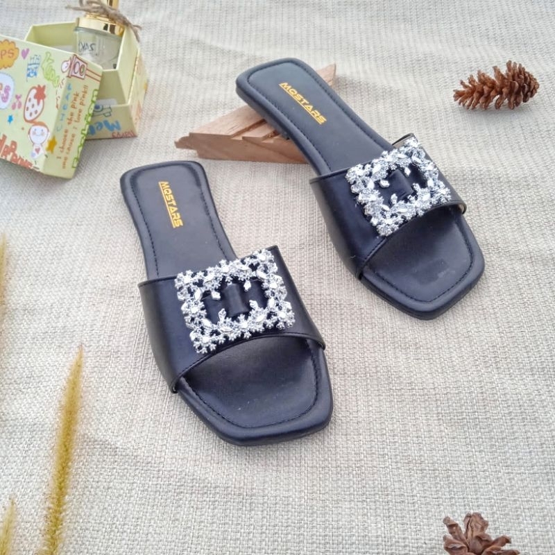 mqstars Sandal Flat Wanita Slop Kokop Teplek Blink-Blink Terbaru