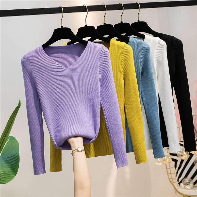 ATASAN RAJUT WANITA (V neck)Baju Rajut Wanita Kaos Import Wanita Lengan Panjang