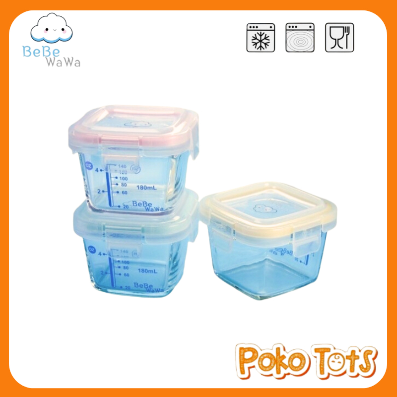 Bebe Wawa Glass Food Container 180ml Isi 3pcs BW002-1 Tempat Makanan Bayi Takaran Ukuran Garis Takar WHS