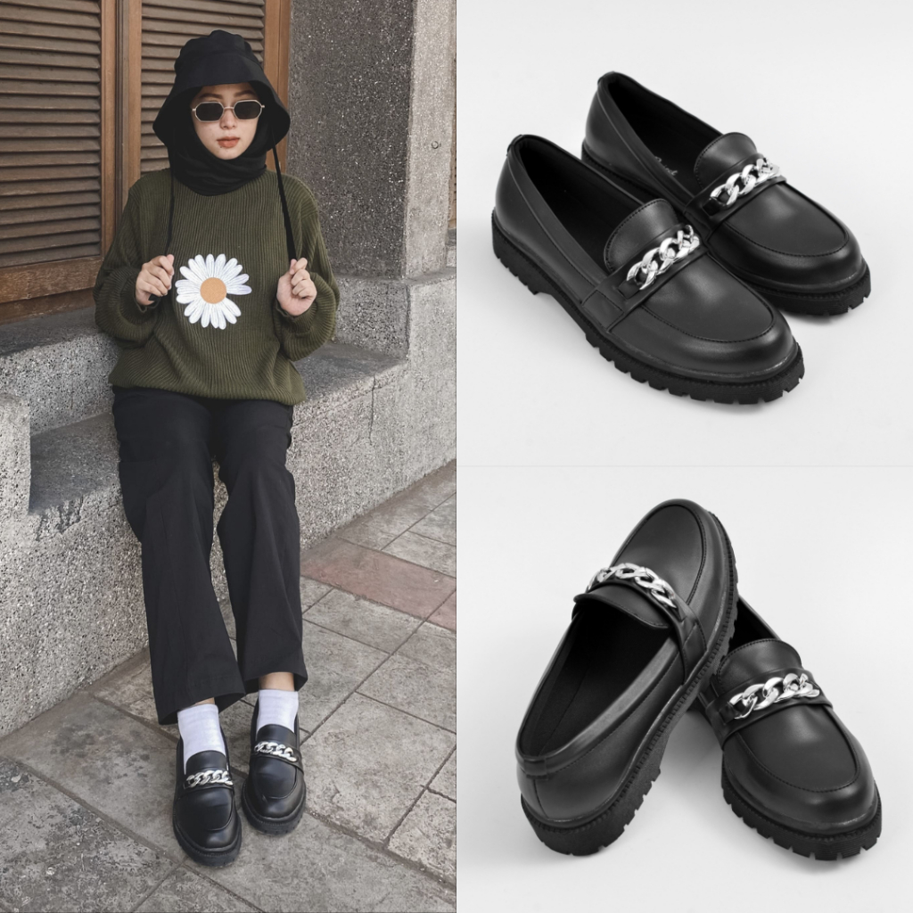 Sepatu Loafers Wanita Formal Casual Santai Kulit Loafer Original Wanita - Nadine Black